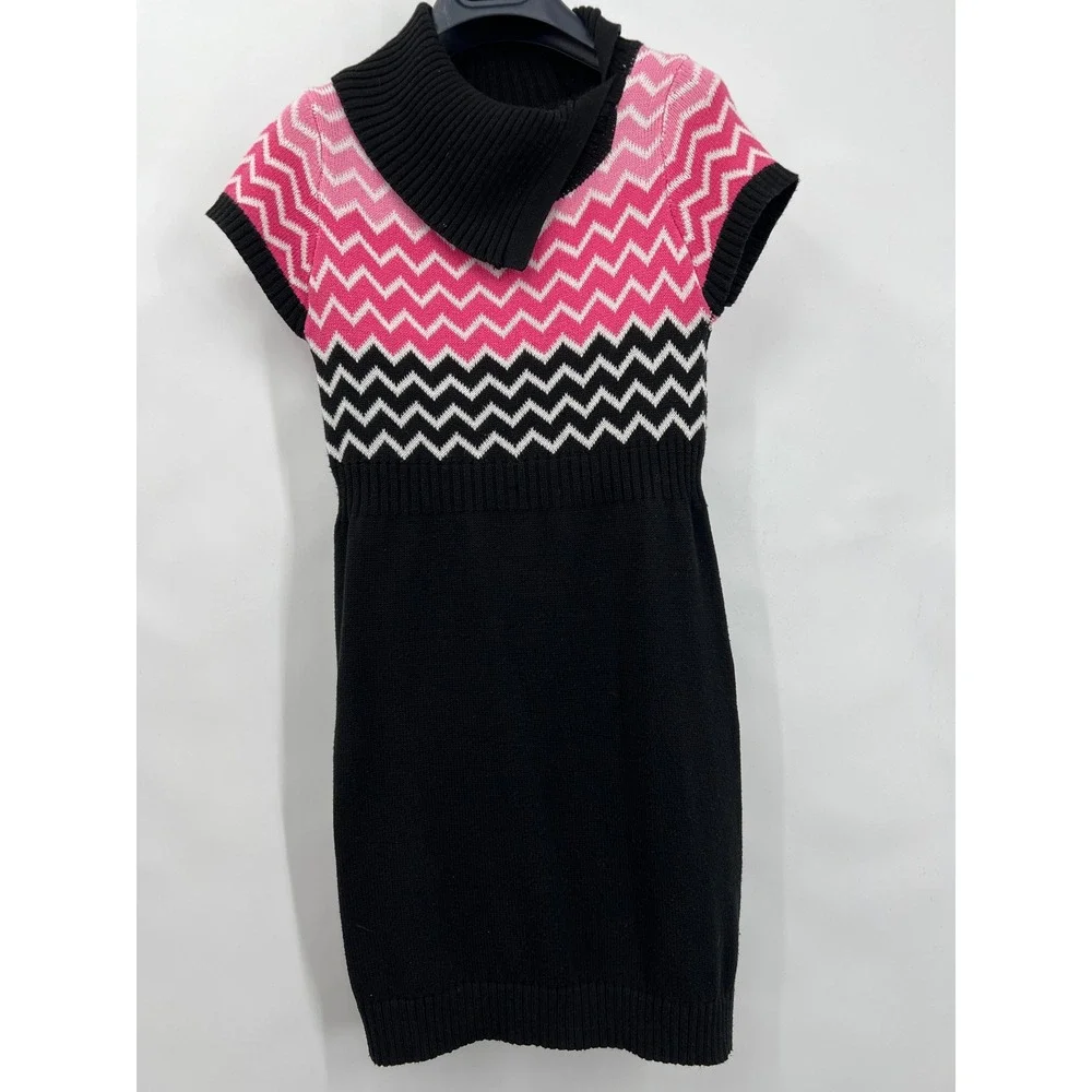Girls Large Sweater Midi Dress Cap Sleeves Pink Black Geometric‎ Cotton Blend